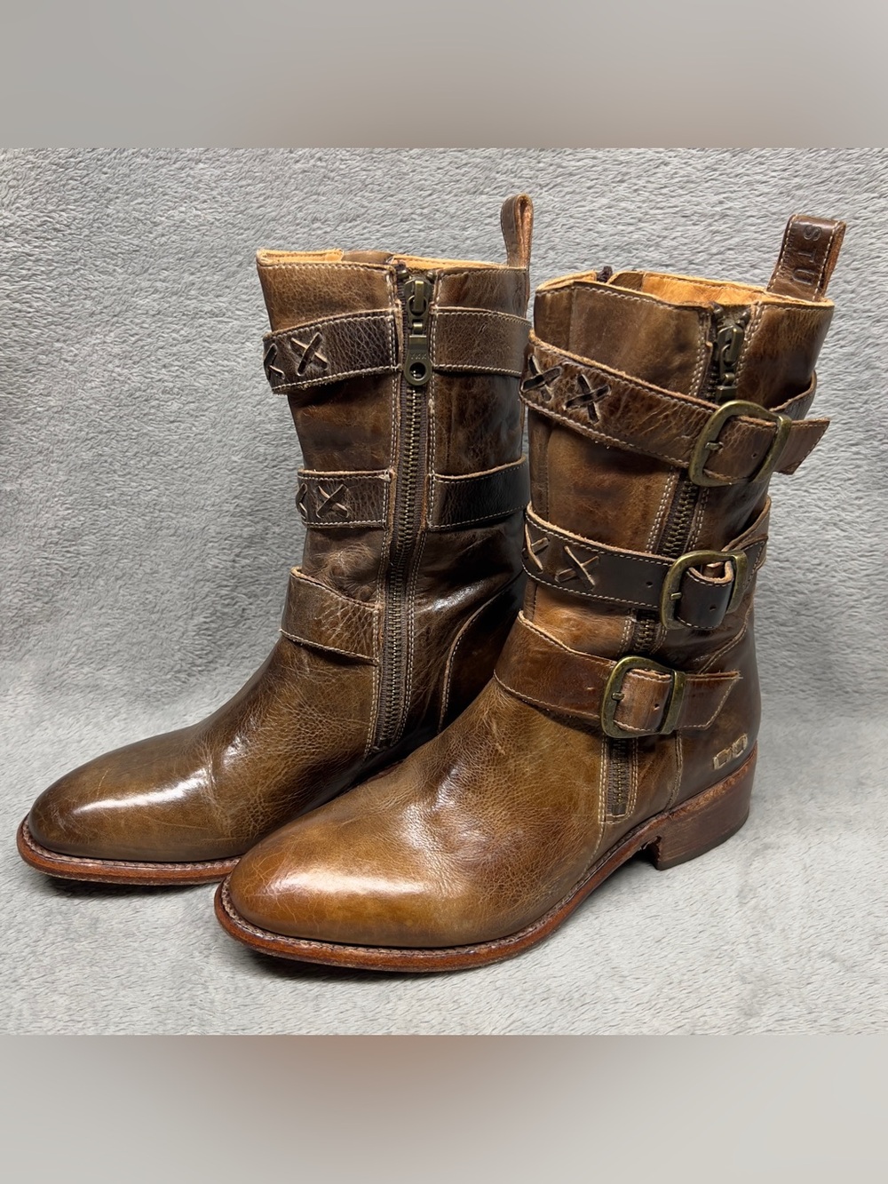 Bed Stu Blanchett Brown Leather Buckle Zip Up Boots Women’s Size 7 US Distressed